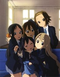  5girls akiyama_mio blazer bucket food fruit highres hirasawa_yui jacket k-on! kotobuki_tsumugi long_hair multiple_girls nakano_azusa no_legwear official_art orange_(fruit) poking sakuragaoka_high_school_uniform school_uniform smile tainaka_ritsu ton-chan turtle winter_uniform yamada_naoko 