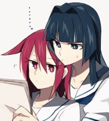  2girls aoki_shizumi blue_hair commentary_request hirose_sumire long_hair miyanaga_teru multiple_girls red_eyes red_hair saki_(manga) school_uniform shiraitodai_school_uniform short_hair 