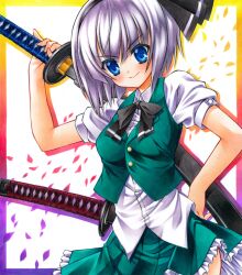  acrylic_paint_(medium) bad_id bad_pixiv_id black_hairband blue_eyes female grey_hair hairband hand_on_own_hip konpaku_youmu marker_(medium) painting_(medium) pastel_(medium) scabbard sheath sheathed shikishi short_hair skirt skirt_set smile solo sword touhou traditional_media weapon yuto_takumi 