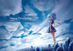  blue_dress blue_eyes blue_hair bow cirno cirno_day cloud cloudy_sky commentary_request dress female from_behind hairbow ice ice_wings looking_back photoshop_(medium) short_sleeves sky solo touhou wings zhandou_greymon 