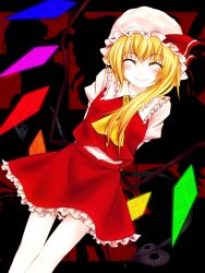  ascot blonde_hair blush closed_eyes cofi_(eternal) commentary_request dutch_angle female flandre_scarlet hat hat_ribbon long_hair ribbon shirt side_ponytail silhouette skirt skirt_set smile solo touhou wings 