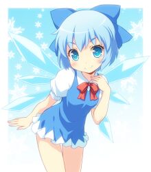  +_+ blue_bow blue_dress blue_eyes blue_hair blush bow bowtie cirno cirno_day commentary_request dress female hairbow ice ice_wings looking_at_viewer puffy_sleeves red_bow red_bowtie short_hair short_sleeves smile solo touhou wings yamasan 