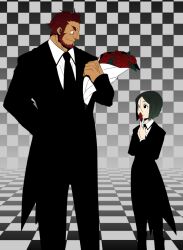  2boys beard black_eyes black_hair bouquet checkered_background checkered_floor commentary_request facial_hair fate/zero fate_(series) flower iskandar_(fate) kikuyarou male_focus multiple_boys necktie red_flower red_hair red_rose rose size_difference tailcoat tuxedo waver_velvet 