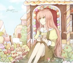  :d cake chinese_commentary collarbone commentary_request cupcake dress fairy_(jintai) female food fruit gingerbread_house green_eyes hat jinrui_wa_suitai_shimashita long_hair open_mouth photoshop_(medium) pink_hair sitting smile strawberry sweets toruglose watashi_(jintai) 