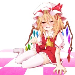  arm_support ascot blonde_hair checkered_floor clothes_lift commentary_request female fingernails flandre_scarlet hat long_fingernails looking_at_viewer naughty_face oerba_yun_fang open_mouth red_eyes sharp_fingernails short_hair side_ponytail sitting skirt skirt_lift smile solo thighhighs touhou tsunsuki_(naobe009) white_thighhighs wings zettai_ryouiki 