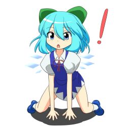  ! :o all_fours blue_dress blue_eyes blue_footwear blue_hair bow cato_(monocatienus) cirno cirno_day commentary_request dress female full_body hairbow looking_at_viewer neck_ribbon open_mouth puffy_short_sleeves puffy_sleeves ribbon shirt shoes short_hair short_sleeves simple_background socks solo touhou white_background wings 