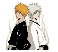  2boys bankai black_sclera bleach hollow hollow_ichigo kurosaki_ichigo male male_focus multiple_boys shihakusho shirosaki_hichigo solo sword weapon zangetsu 