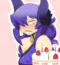  bare_shoulders birthday_cake cake candle commentary_request demon_girl female food fruit hair_over_one_eye horns jewelry long_hair necklace nise_maou_kanizeru purple_hair sharp_teeth solo strawberry teeth tsukudani_(coke-buta) yuusha_to_maou 