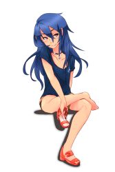  1boy androgynous bare_legs blue_hair blush collar collarbone commentary_request happy ichiran image_sample long_hair male_focus md5_mismatch original otoko_no_ko pixiv_sample red_eyes resolution_mismatch sandals shirt shoes shorts simple_background single_shoe sitting smile solo source_larger swept_bangs t-shirt wavy_hair white_background 