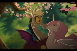  alicorn avoid_posting chimera closed_eyes cutie_mark detailed_background discord_(mlp) draconequus duo equid equine feathered_wings feathers female feral flower friendship_is_magic hair hasbro horn hybrid kissing leaf male mammal my_little_pony mythological_creature mythological_equine mythology nature outside pink_hair plant princess_celestia_(mlp) red_eyes romantic romantic_ambiance romantic_couple spiritto tree wing_boner wings wood 