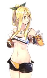  23_(real_xxiii) bad_link black_shorts blonde_hair bow breasts cameltoe clothes_lift copyright_request dog_tags female fingerless_gloves gloves highres jacket long_hair medium_breasts navel panties pointy_ears ponytail shirt_lift shorts simple_background solo sports_bra underboob underwear unzipped white_background yellow_eyes 