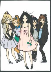  5girls akiyama_mio alternate_hairstyle bad_id bad_pixiv_id black_eyes black_hair boots brown_hair dress flower hirasawa_yui hood hoodie k-on! k-on!_movie kirigami kotobuki_tsumugi long_hair looking_at_viewer multiple_girls nakano_azusa open_mouth pantyhose pikku ponytail short_hair simple_background singing!_(k-on!) skirt sleeves_pushed_up tainaka_ritsu very_long_hair white_background 