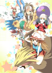  5girls altaria archeops bad_id bad_pixiv_id bandana baseball_cap beak beanie bird blue_feathers coat dawn_(pokemon) drifloon feathers fluffy hanging hat hilda_(pokemon) kris_(pokemon) leaf_(pokemon) lyra_(pokemon) matsumoto_waka may_(pokemon) multiple_girls pidgeot pokemon pokemon_(creature) pokemon_bw pokemon_dppt pokemon_frlg pokemon_gsc pokemon_hgss pokemon_platinum pokemon_rse riding riding_pokemon skarmory star_(symbol) twintails white_feathers winter_clothes 