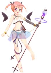  :d ass_visible_through_thighs bad_link bag bare_shoulders barefoot black_gloves black_wings blush copyright_request cuffs demon_tail detached_wings elbow_gloves female full_body gloves holding holding_staff midriff navel open_mouth orange_hair photoshop_(medium) purple_eyes satchel sekine_irie short_hair simple_background single_glove skirt smile solo staff tail white_background wings 