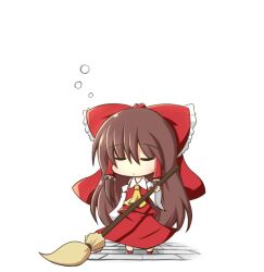  bad_id bad_pixiv_id bow broom brown_hair chibi closed_eyes commentary_request detached_sleeves female hair_ribbon hairbow hakurei_reimu ominaeshi_(takenoko) red_bow ribbon sleepy solo touhou 