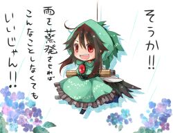  ahoge arm_cannon arms_behind_back black_hair cape chibi commentary_request female flower hanging hood hydrangea oerba_yun_fang open_mouth red_eyes reiuji_utsuho sidelocks smile solo teruterubouzu third_eye touhou toutenkou translated weapon wings 