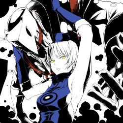  arm_up armpits bad_id bad_pixiv_id blue_dress dress elbow_gloves elizabeth_(persona) female gloves hat konoshita_kiyomasa persona persona_3 persona_4:_the_ultimate_in_mayonaka_arena short_hair thanatos_(persona) upper_body white_hair yellow_eyes 