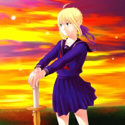  ahoge artoria_pendragon_(fate) bad_id bad_pixiv_id blonde_hair capsule_servant command_spell fate_(series) female grass green_eyes hands_on_hilt katanamaru_(blazeknight) master_artoria school_uniform serafuku shinai skirt smile solo sunset sword weapon 