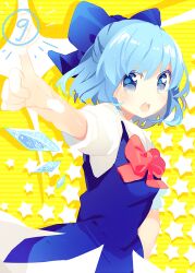  bad_id bad_pixiv_id blue_eyes blue_hair blush bow cirno dress female hairbow ice ice_wings looking_at_viewer namie-kun open_mouth pointing puffy_sleeves short_hair short_sleeves solo touhou wings 