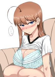  ... ahoge blue_bra blue_eyes blush bra breasts brown_hair cleavage clothes_lift commentary_request female highres huge_breasts komusou_(jinrikisha) long_hair ooba_minori original photoshop_(medium) shirt_lift solo underwear 