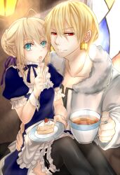  1boy apron artoria_pendragon_(fate) bad_id bad_pixiv_id black_thighhighs blonde_hair cake carpe-diem--allegory commentary_request cup earrings fate/stay_night fate_(series) female food frilled_legwear gilgamesh_(fate) jewelry maid official_alternate_costume red_eyes saber_(fate) stained_glass tea teacup thighhighs 