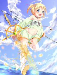  :d armor bandaid blonde_hair blue_eyes blush collar halo irie_sekine leash open_mouth polearm sekine_irie sky smile spear sword thighhighs water weapon 