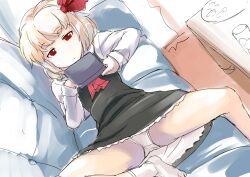  ascot blonde_hair commentary_request couch expressionless female handheld_game_console lying no_shoes on_back panties pantyshot red_eyes rumia short_hair sinzan socks solo touhou underwear video_game white_panties 