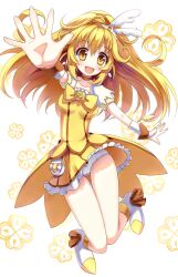  arm_up bare_legs blonde_hair bow bowtie brooch choker commentary_request cure_peace female full_body hair_flaps highres hoshi_no_gen jewelry long_hair magical_girl no_nose panties precure shoes skirt smile smile_precure solo underwear white_panties wrist_cuffs yayoi_kise yellow_bow yellow_eyes yellow_skirt yellow_theme 