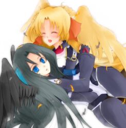  2girls angel black_hair blonde_hair blue_eyes bodysuit closed_eyes highres kyoukai_senjou_no_horizon kyoukaisenjou_no_horizon looking_at_viewer malga_naruze margot_knight multiple_girls smile surprised wings 