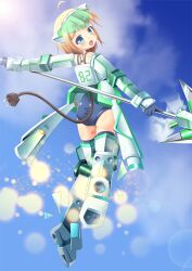  animal_ears armor bandaid blonde_hair blue_eyes blush cloud copyright_request day exoskeleton female flying gloves looking_at_viewer open_mouth photoshop_(medium) polearm sekine_irie short_hair sky solo spear swimsuit weapon 