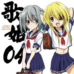  2girls :d album_cover artist_request bag blonde_hair blush bontenmaru_(oda_nobuna_no_yabou) contemporary cover eyepatch grey_eyes grey_hair highres midriff multiple_girls oda_nobuna_no_yabou official_art open_mouth pleated_skirt school_bag school_uniform serafuku short_hair short_twintails skirt smile takenaka_hanbee_(oda_nobuna_no_yabou) translated twintails yellow_eyes 