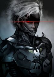  1boy bodysuit commentary_request cyborg glowing glowing_eyes male_focus metal_gear_(series) metal_gear_rising:_revengeance photoshop_(medium) raiden_(metal_gear) realistic red_eyes science_fiction stephanie_lee white_hair 