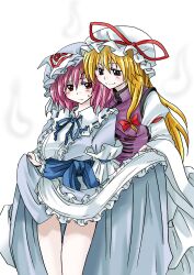  2girls absurdres blonde_hair clothes_lift commentary_request hair_ribbon hat highres japanese_clothes kimono kimono_lift long_hair multiple_girls pink_hair purple_eyes red_eyes ribbon saigyouji_yuyuko short_hair smile touhou triangular_headpiece unya yakumo_yukari yuri 