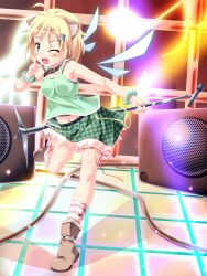  :d animal_ears bad_link blonde_hair blush collar copyright_request female green_eyes hair_ornament hairclip looking_at_viewer microphone navel open_mouth photoshop_(medium) plaid plaid_skirt sekine_irie short_hair skirt smile socks solo stage striped_clothes striped_socks wings 