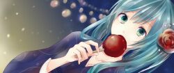  aqua_eyes aqua_hair bad_id bad_pixiv_id blue_kimono candy_apple dutch_angle eating female food hatsune_miku japanese_clothes kimono long_hair shiro_(ryuu) solo vocaloid yukata 