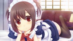  black_thighhighs blush brown_hair commentary couch female highres lamp looking_at_viewer lying maid maid_headdress on_stomach original red_eyes short_hair smile solo sorano_(12gou) thighhighs window wrist_cuffs 