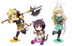  3girls animal_ears azumaya_hironaru black_hair blonde_hair cat_ears commentary_request dog_days dyed_bangs jaune_clafoutis multicolored_hair multiple_girls noir_vinocacao open_mouth panties pantyhose rabbit_ears red_eyes tail thighhighs tiger_ears two-tone_hair underwear vert_farbreton 