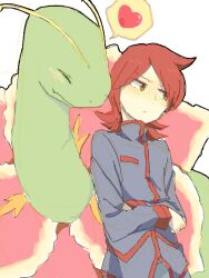  1boy ahoge blush brown_eyes crossed_arms futsuko_(fzt) heart male_focus meganium pokemon pokemon_(creature) pokemon_hgss red_hair silver_(pokemon) simple_background speech_bubble tegaki white_background 