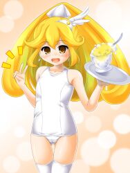  blonde_hair commentary_request cure_peace female katsuragi_niya long_hair one-piece_swimsuit open_mouth photoshop_(medium) ponytail precure school_swimsuit smile smile_precure solo swimsuit thighhighs tiara tray v white_one-piece_swimsuit white_thighhighs yayoi_kise yellow_eyes 