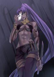  abs assassin_(fate/zero) bracelet breasts commentary_request dagger dark-skinned_female dark_skin earrings fate/zero fate_(series) female female_assassin_(fate/zero) highres jewelry knife long_hair mask medium_breasts muscular muscular_female photoshop_(medium) ponytail purple_hair ring silangwan solo underboob unworn_mask very_dark_skin weapon yellow_eyes 