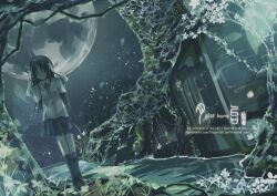  black_hair flowers kazatabi_lee long_hair moon night original ribbons scenic seifuku sky stars train tree 