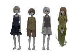  .flow 4girls absurdres amnesia_(yume_nikki) bad_id bad_pixiv_id barefoot blonde_hair brown_hair chie_(lcddem) crossover flower ghost hair_flower hair_ornament highres lcddem long_hair long_skirt long_sleeves met-tha multiple_girls red_eyes sabitsuki short_hair shorts skirt sleeveless tank_top toritsuki usotsuki white_background white_hair yellow_eyes yume_nisshi 