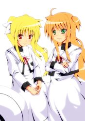  2girls arisa_bunnings bad_id bad_pixiv_id blonde_hair blush crossed_arms danna_(tsukimisou) fate_testarossa green_eyes hair_ribbon light_smile long_sleeves lyrical_nanoha mahou_shoujo_lyrical_nanoha mahou_shoujo_lyrical_nanoha_a&#039;s multiple_girls photoshop_(medium) red_eyes red_ribbon ribbon school_uniform seishou_elementary_school_uniform twintails two_side_up 