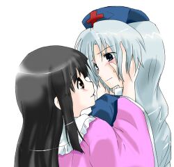  2girls black_hair blue_eyes blush brown_eyes commentary_request grey_hair hat houraisan_kaguya long_hair lowres multiple_girls touhou unya upper_body yagokoro_eirin 