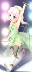  :d blush boots collar copyright_request dress female green_eyes hat highres leash microphone open_mouth photoshop_(medium) pink_hair sekine_irie smile solo thighhighs 