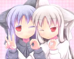  2girls animal_ears bad_id bad_pixiv_id blue_hair cat_ears gesture kemonomimi_mode len_(tsukihime) long_hair melty_blood multiple_girls nightmare_cat one_eye_closed red_eyes tsukihime v white_hair white_len_(tsukihime) 