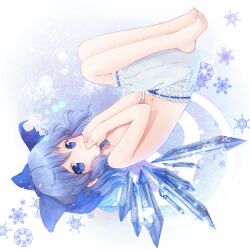  bad_id bad_pixiv_id barefoot bloomers blue_bow blue_eyes blue_hair bow cirno cirno_day covering_own_mouth feet female hairbow ice ice_wings looking_at_viewer metadata_pun navel nunucco short_hair snowflakes solo topless touhou underwear underwear_only upside-down white_bloomers wings 