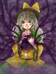  commentary_request female flower green_eyes grey_hair hat highres komeiji_koishi long_hair ma_nyan_(nyao_mao_nyao) open_mouth rose smile solo third_eye thorns touhou traditional_media 