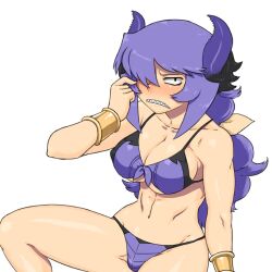  abs bikini blush bracelet breasts cleavage commentary_request demon_girl embarrassed female hair_over_one_eye hair_ribbon horns jewelry large_breasts long_hair midriff navel nise_maou_kanizeru painttool_sai_(medium) purple_bikini purple_hair ribbon sharp_teeth solo swimsuit teeth tsukudani_(coke-buta) underboob yuusha_to_maou 