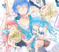  2boys 3girls aged_down aqua_scarf blonde_hair blue_hair bug butterfly commentary_request flower hair_ornament hair_ribbon handheld_game_console hatsune_miku highres kagamine_len kagamine_rin kaito_(vocaloid) koma_(remi_398) lolicon megurine_luka messy_hair multiple_boys multiple_girls nintendo_3ds pillow pink_hair ribbon saliva scarf siblings sleeping twins twintails vocaloid 